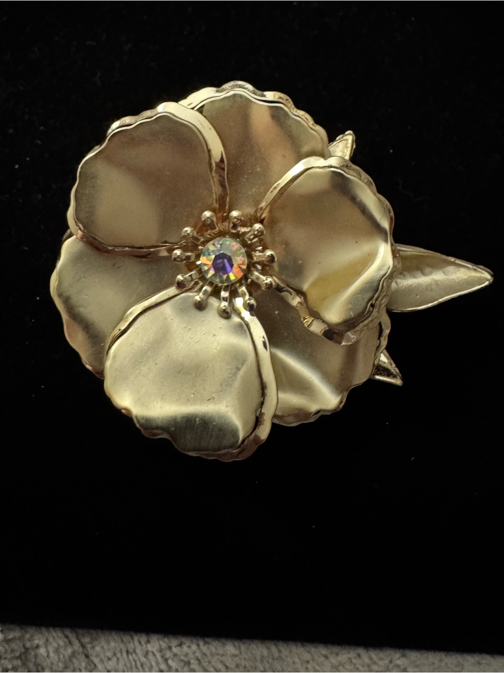 Gold Tone Dimensional Floral Statement Brooch with Aurora Crystal Center